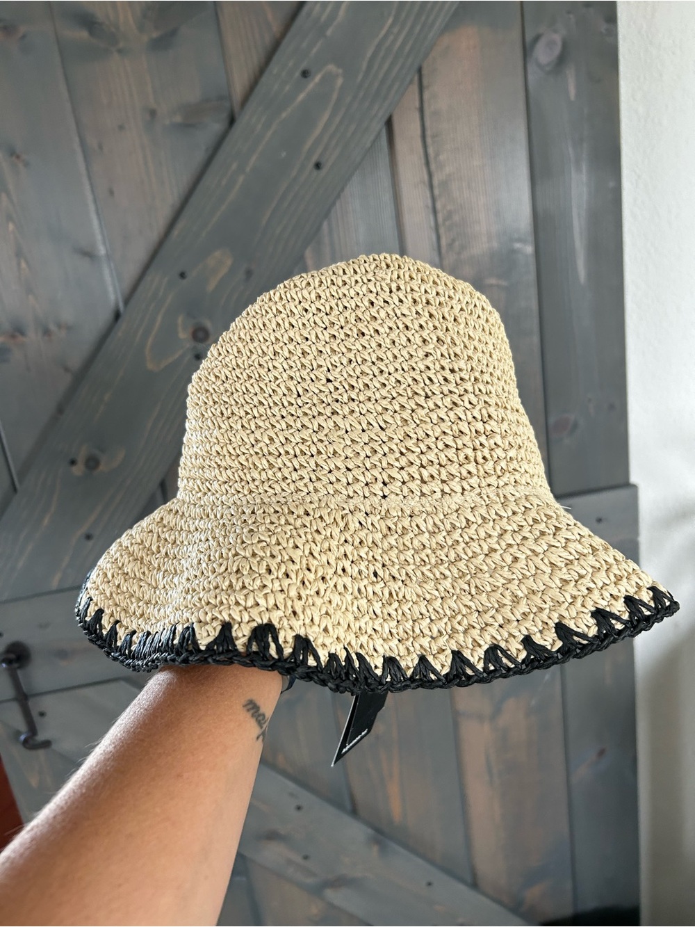 INC International Concepts Cream Straw Bucket Hat with Black Trim